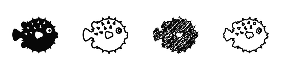 Cute pufferfish illustration in various artistic styles on white background © 7Author