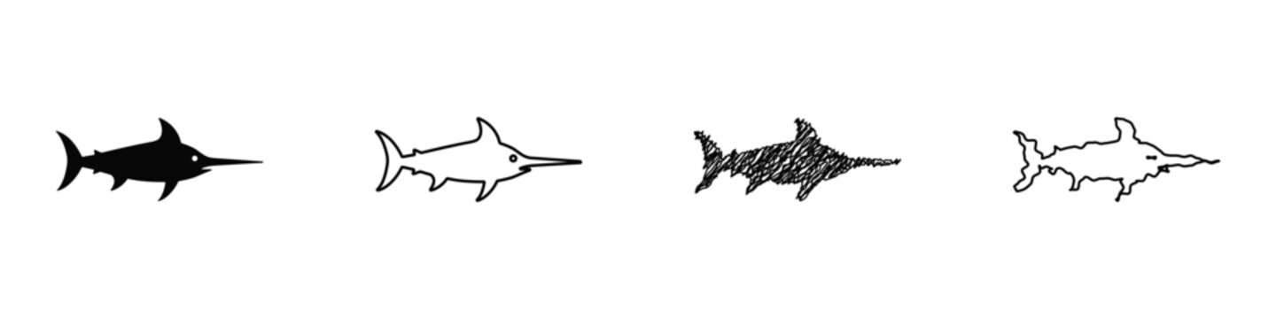 Collection of stylized swordfish illustrations in various artistic styles
