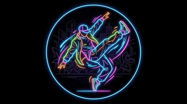 Neon Dancer Performing Breakdance Moves Inside Circle.