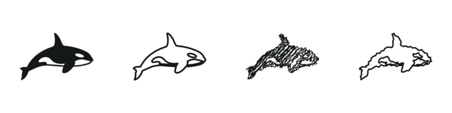 Orca whale illustration in various artistic styles on a white background