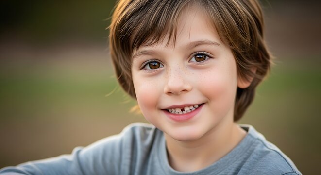 Smiling young boy with missing tooth, happy expression, outdoor portrait.