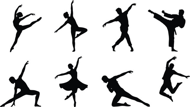 Dance and Performance Silhouette Collection Featuring Ballet Contemporary and Dynamic Movement Poses Vector