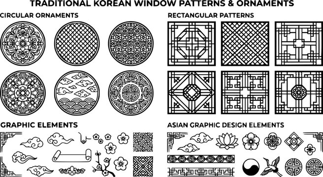 Traditional korean window pattern. Circle ornament, rectangular geometric cutter decor and asian graphic design element vector set
