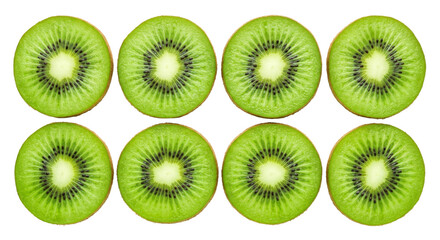 Fototapeta premium Eight vibrant slices of fresh kiwi fruit arranged in two rows on a black background