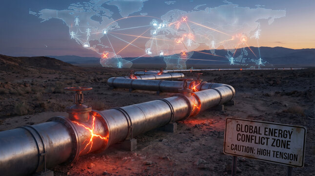 Pipeline with glowing sections in a global energy conflict zone, warning sign visible, digital map overlay in background. Concept of rising oil prices, energy market volatility, fuel cost increase