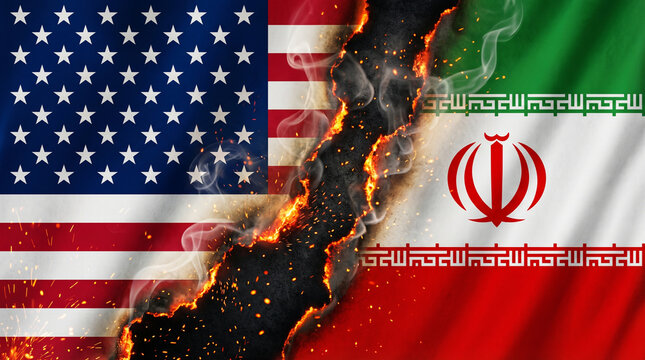 United States and Iran flags with burning edge between, symbolizing conflict and tension in international relations. Concept of geopolitical rivalry, oil politics, Middle East conflict