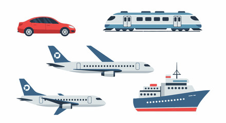 A collection of common transportation vehicles including a car, train, two airplanes, and a ship © hindia