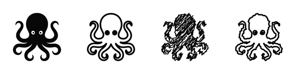 Collection of four stylized octopus icons in black and white © 7Author