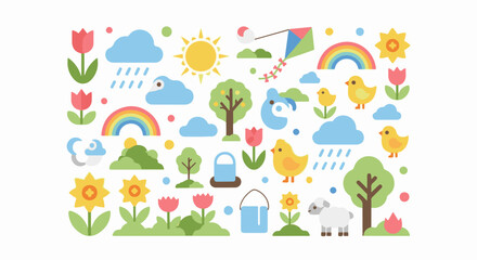 Fototapeta premium A cheerful cartoon scene depicting springtime elements with bright, flat colors
