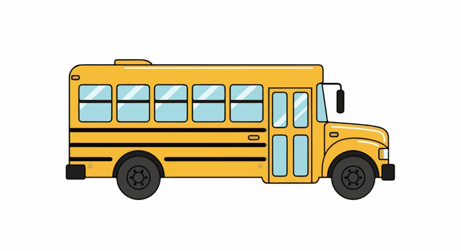 A cartoon-style yellow school bus with blue windows and black tires, presented on a white background