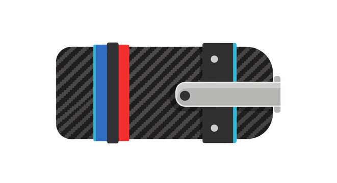 A black, textured object with three colored stripes and a silver bar