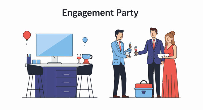 A celebratory scene depicts an engagement party with people, drinks, and a desk setup