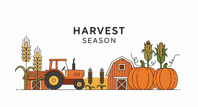 A cheerful illustration depicting a farm at harvest time with a tractor, barn, pumpkins, and corn