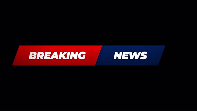 Breaking news intro template with red and blue graphic banners on black background, broadcast television header 4k video