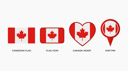 Fototapeta premium Canada flag set, Canadian flag icon, heart and pin symbol, clean flat vector isolated