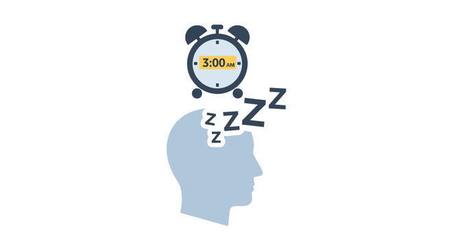 Insomnia Concept: Alarm Clock Above Head with Zzz Symbols Indicating Sleeplessness