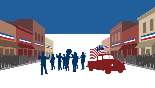 Festive town parade scene showcasing American spirit with music, a flag-waving truck, and cheering crowds