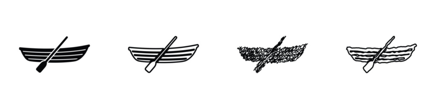 Collection of four rowing boats with oars in different artistic styles