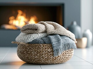 Obraz premium Cozy basket filled with warm blankets near a fire in a modern living room