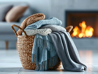 Obraz premium Cozy setting with woven basket full of blankets and a warm fire in the background
