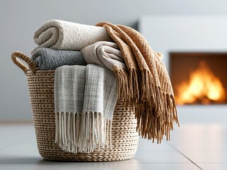 Obraz premium Warm and cozy blankets stacked in a basket near a fireplace in a modern living room space during the evening