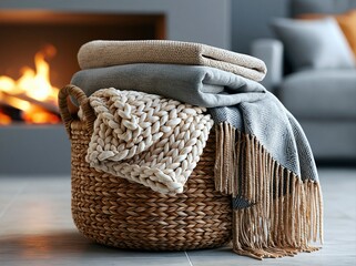 Obraz premium Cozy blankets stacked in a basket near a warm fire in a modern living room during winter