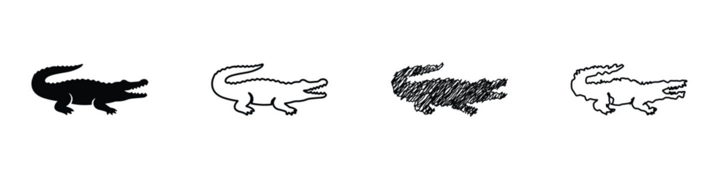 Collection of stylized alligator and crocodile icons in black and white