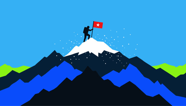 Symbolic vector illustration of a determined individual conquering a challenging mountain summit, representing ultimate triumph and ambition