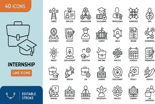 Set of internship and business education doodle icons Vector
