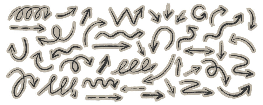 handdrawn doodle arrows with torn paper collage style loops zigzags curves and scribble lines isolated on white background vector illustration for highlighting notes directions scrapbook layout