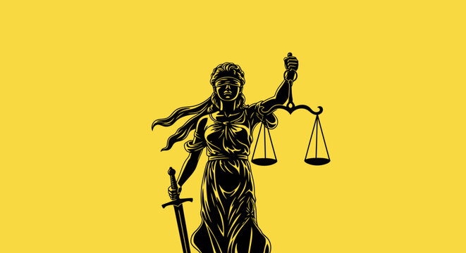 Silhouette illustration of Lady Justice holding scales and a sword on a yellow background.