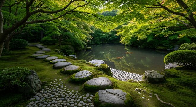 Stone path in a peaceful japanese garden with lush green trees and calm water. garten im sommer
