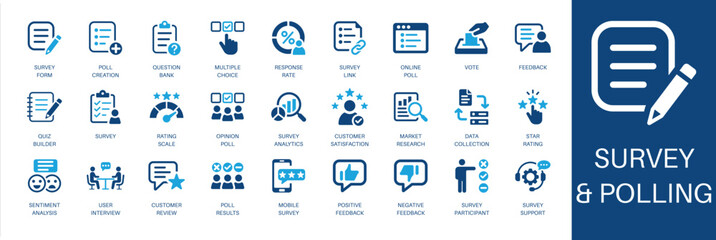 Survey and polling solid icon set. Featuring customer satisfaction, market research, sentiment analysis, data collection, and opinion poll. Editable vector glyphs for consumer research and strategy.
