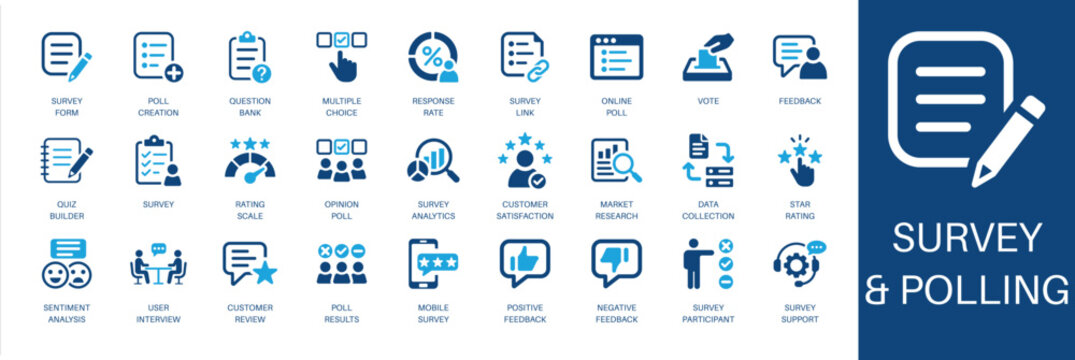 Survey and polling solid icon set. Featuring customer satisfaction, market research, sentiment analysis, data collection, and opinion poll. Editable vector glyphs for consumer research and strategy.