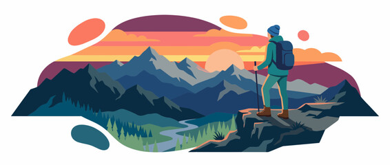 Fototapeta premium Hiker Standing on Mountain Cliff Overlooking Sunrise Landscape Vector