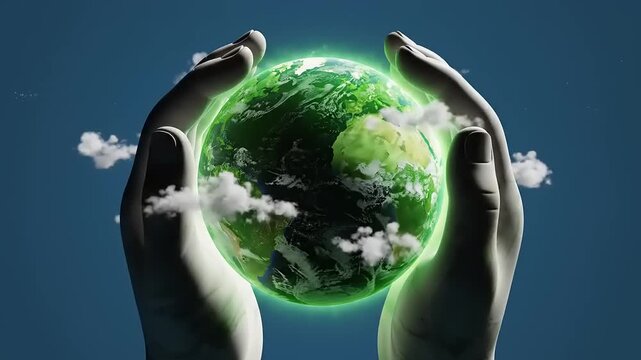 Hands holding green earth globe.