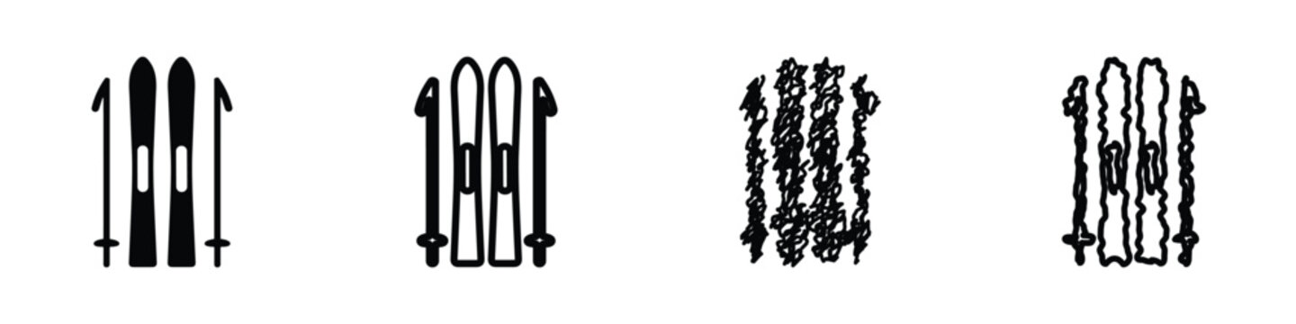 Set of four ski and ski pole icons in different styles