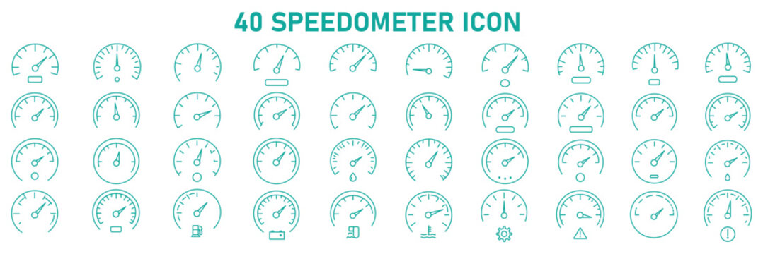 Speedometer Icon Set, speed indicator gauge dashboard tachometer scale, speedometer with arrow, editable stroke line vector illustration for vehicle, app, and dashboard design.