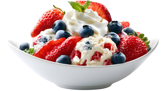 White bowl with ice cream strawberries and blueberries isolated on transparent background