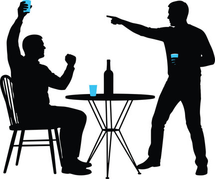 Drunk men arguing at bar table silhouette vector illustration with aggressive man pointing at friend drinking alcohol