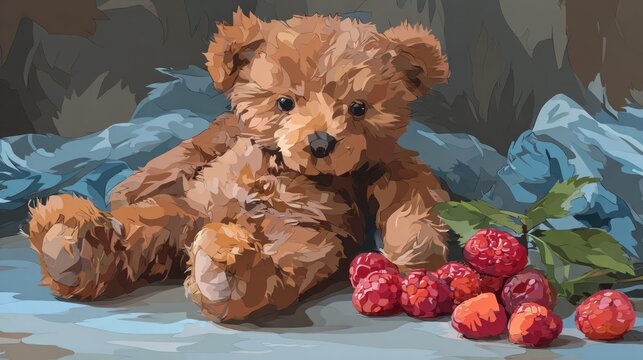 Plush stuffed bear companion rests beside a small pile of ripe summer berries