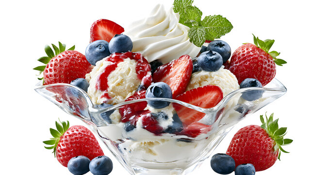 Delicious ice cream sundae with fresh strawberries and blueberries isolated on transparent background