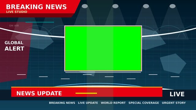 Digital world map breaking news chroma key screen with live ticker animation