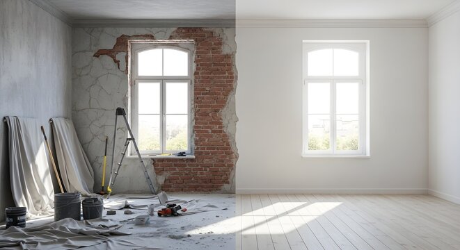 Room Renovation Before and After Comparison Showing a Bare Interior and a Finished Modern Space