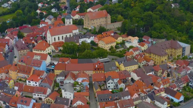 Aerial view of the old town of the city Arnstein in Germany, Bavaria on a late spring afternoon