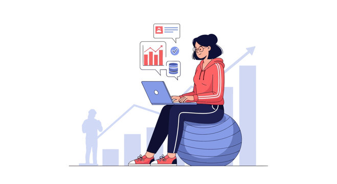 Businesswoman working on laptop, sitting on stability ball with analytics charts and growth graph