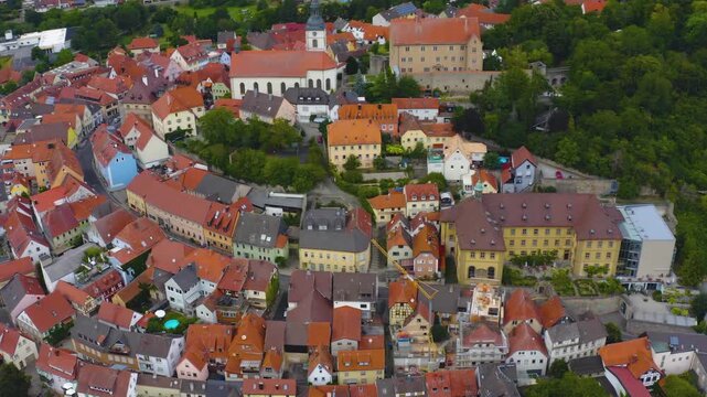 Aerial view of the old town of the city Arnstein in Germany, Bavaria on a late spring afternoon