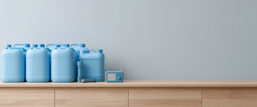 Blue emergency water containers with radio