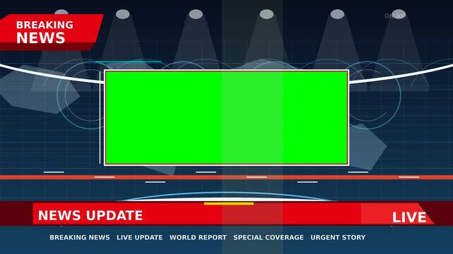Wide live news studio template with large chroma key panel and animated highlights