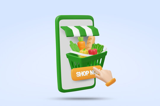 3d vector design of online grocery shopping on smartphone app with hand clicking shop now button near basket full of fresh vegetables like carrot pepper and bread for food delivery concept